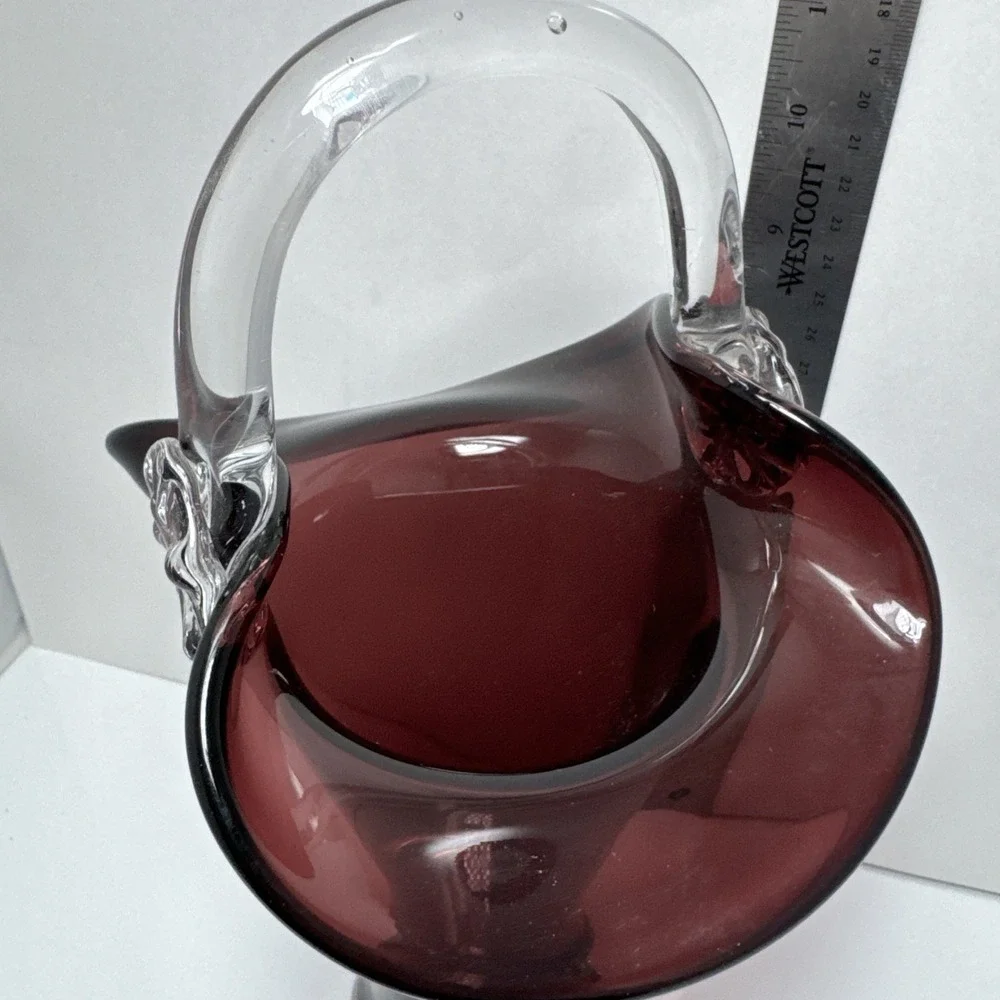 Vintage Purple and Clear Handblown Glass‎ Basket Vase 12 Inches